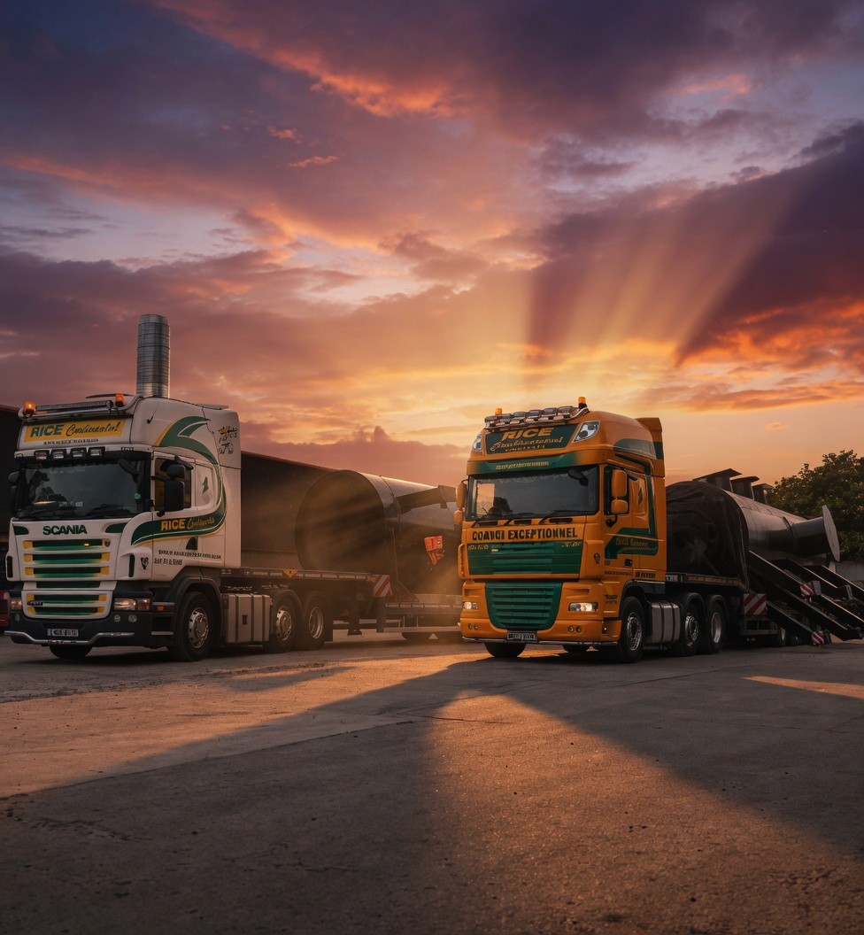 Rice Continental trucks moving project cargo at sunset